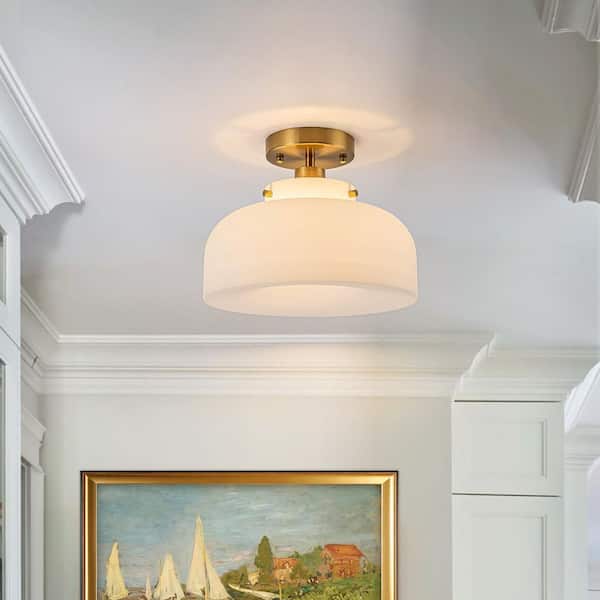 11.8 in. 1-Light Drum Brushed Gold Semi-Flush Mount with Frosted Glass for Kitchen Dining Room Foyer