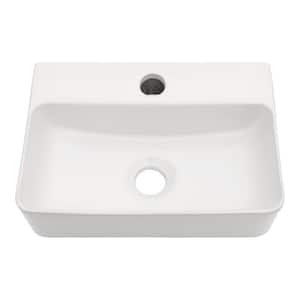 14 in. Wall Mount Floating Rectangular Lavatory Vanity Vessel Sink in White with Single Faucet Hole