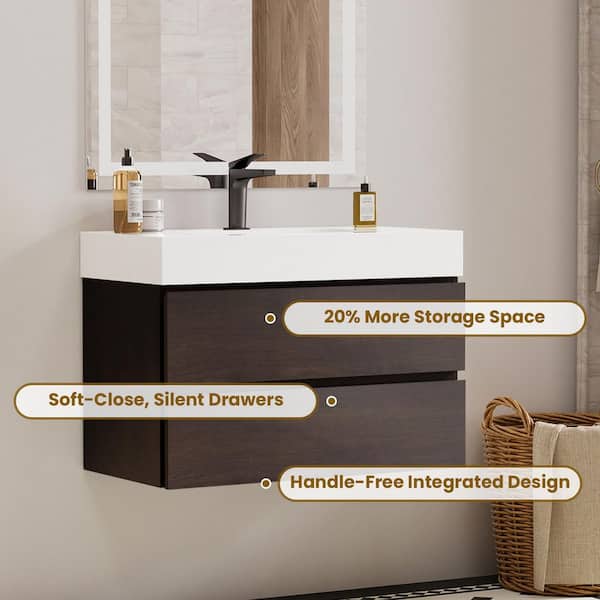 NOBLE 30 in. W x 18 in. D x 25 in. H Single Sink Floating Bath Vanity in Wood with White Solid Surface Integral Top