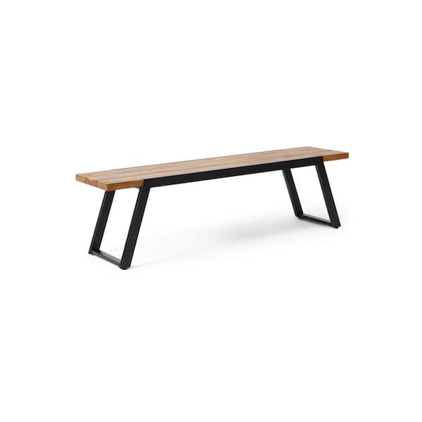 Zeus & Ruta 2-Person Brown Acacia Wood and Metal Outdoor Patio Bench for Garden, Backyard, Balcony and Poolside