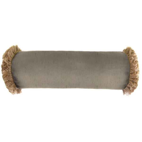 Jordan Manufacturing Sunbrella 7 in. x 20 in. Frequency Sand Bolster Outdoor Pillow with Heather Beige Fringe