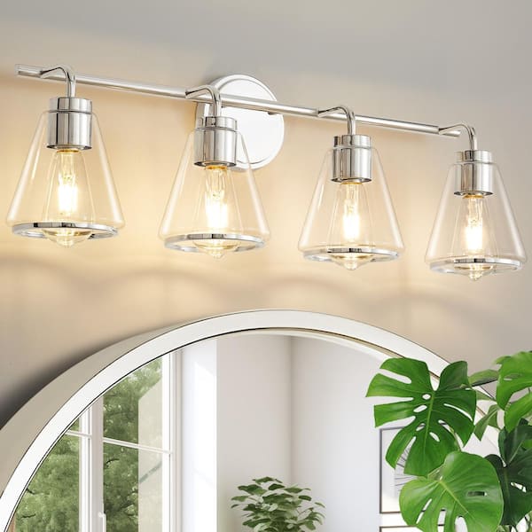 Deyidn Modern 30.31 in. 4-Light Nickel Vanity Light with Glass Shade with Metal Ring Dimmable Sconces Wall Light for Bathroom