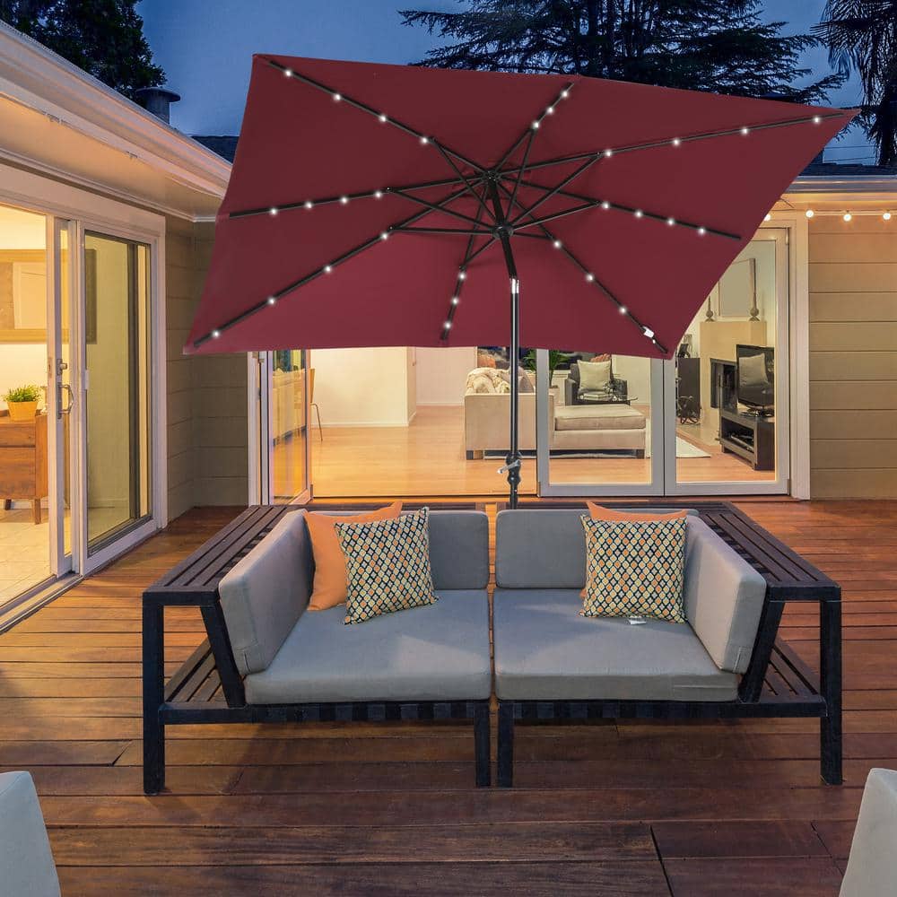 Wine Red Solar LED Lighted Patio Umbrella with Tilt & Crank