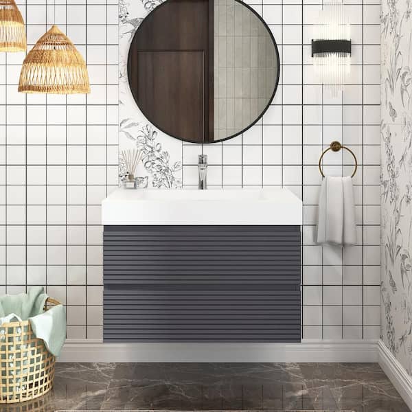 Unbranded 30 in. W Single Sink Wall-Mounted Bath Vanity in Gray with White Acrylic Top