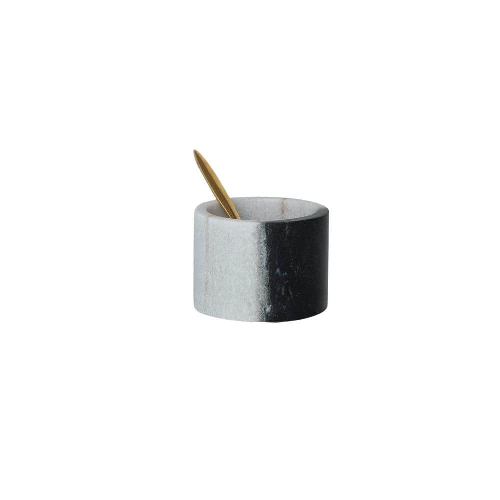 Black and White Marble Salt Cellar with Brass Spoon Set