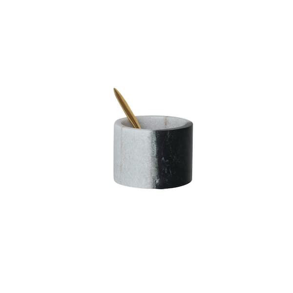 Black Melange and Gold Finish Marble Salt Cellar Condiment Servers with Brass Spoon (Set of 2)