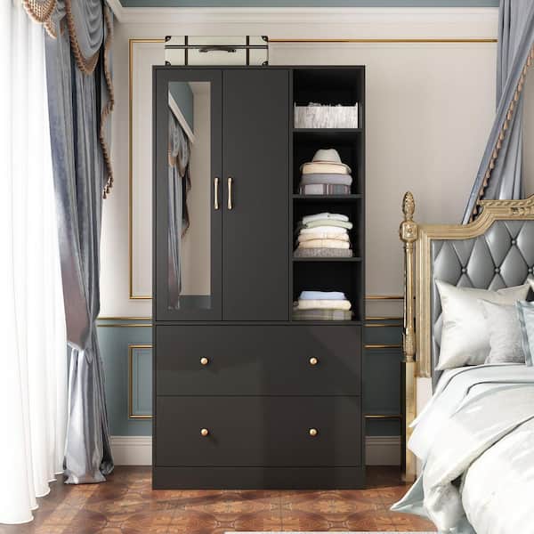 FUFU&GAGA Black Wood 35.5 in. W Armoires Wardrobe With Mirror, Pulling Hanging Rod, Drawers, Shelves 15.8 in. D x 70.8 in. H
