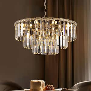 27 in. Mid Century 12-Light 3-Tier Glam Antique Gold Kitchen Island Chandelier for Living room with Crystal Glass Shades