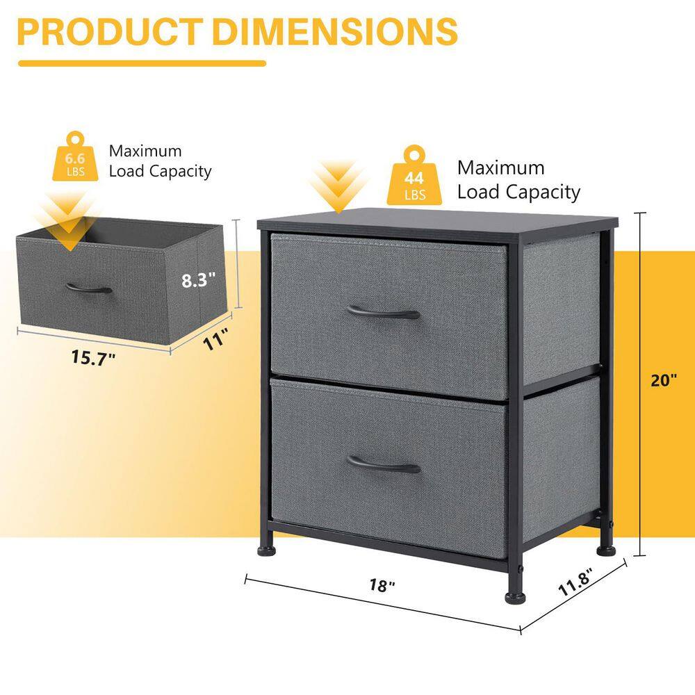 Gray and Black Metal Frame Nightstand Set with MDF Top, 2 Fabric Drawers