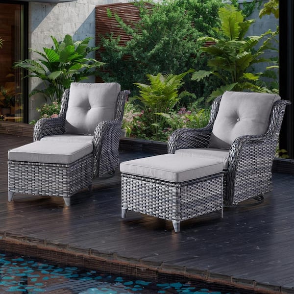moosprr 4-Piece Gray Wicker Outdoor Swivel Glider with Gray Cushions and Matching Ottomans Rocking Chairs for Patio or Garden