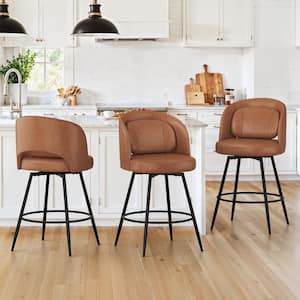 39 in. Brown Faux Leather Swivel Bar Stool Upholstered Metal Frame Counter H8 Barstools with Round Footrest Set of 3