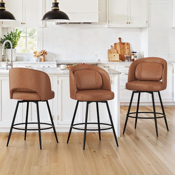 26 in Brown Faux Leather Swivel Bar Stool Upholstered Metal Frame Counter Height Barstools with Round Footrest Set of 3