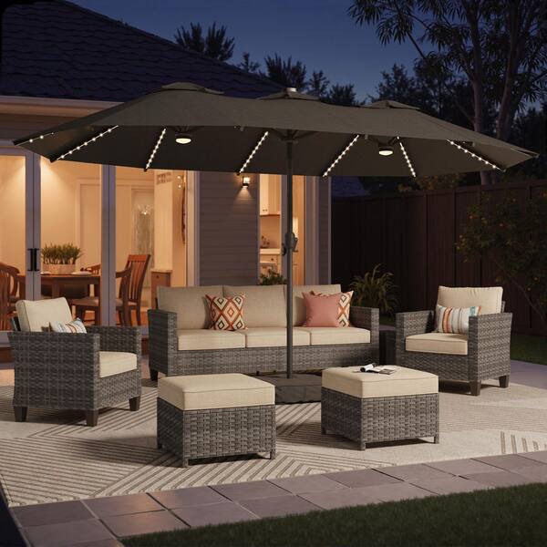 15 ft. Rectangle Outdoor Double Sided Market Patio Umbrella in Dark Gray with Base and LED Lights for Poolside Lawn