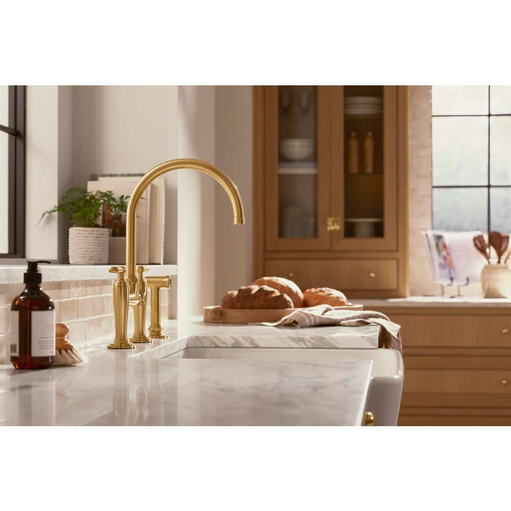 Edalyn Polished Chrome Two-Hole Bridge Kitchen Faucet with Side Sprayer