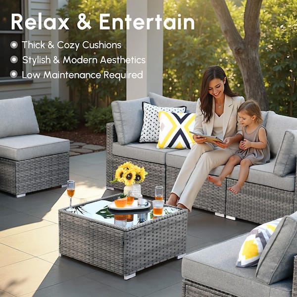 HOOOWOOO Messi Gray 9-Piece Wicker Outdoor Patio Conversation