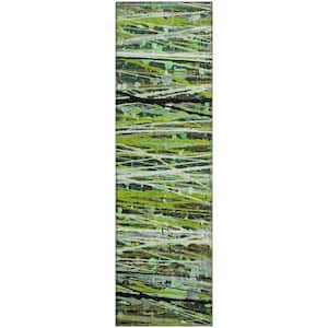 Mayfield Premium Machine Washable Abstract AMF2126 Green 2 ft. x 7 ft. Runner Rug
