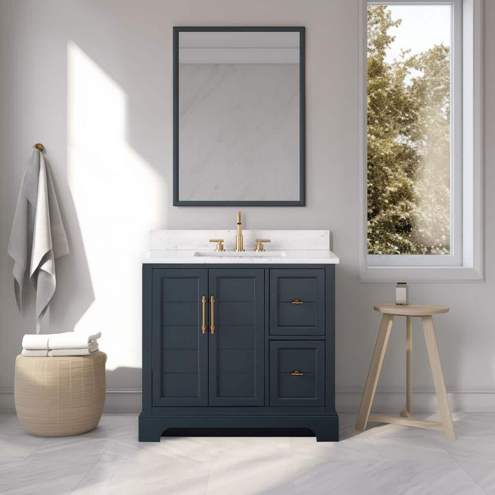 36 in. W x 22 in. D x 34.5 in. H Single Sink Vintage Spruce Blue Bath Vanity with White Engineered Marble Top price history on PriceWatchPro