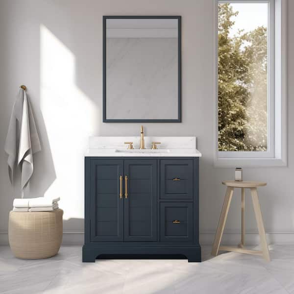 Vanity Art 36 in. W x 22 in. D x 34.5 in. H Single Sink Vintage Spruce Blue Bath Vanity with White Engineered Marble Top