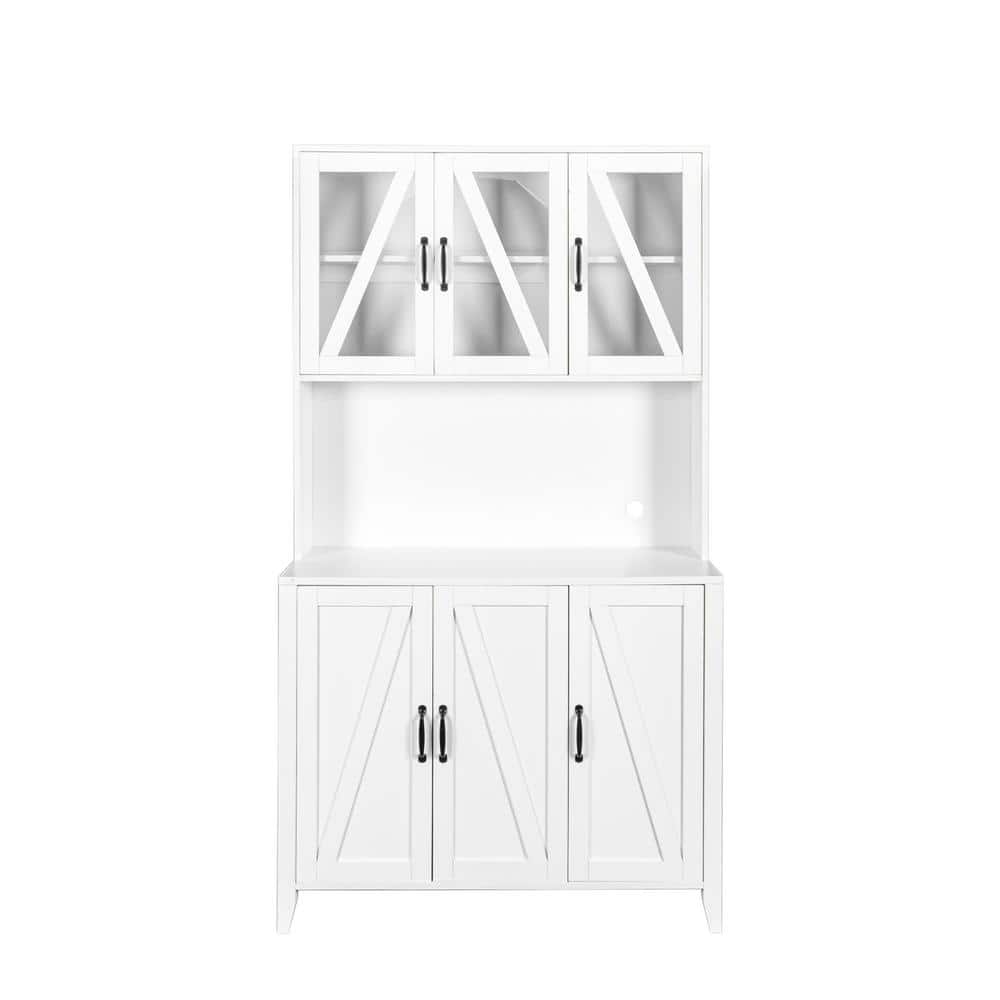 White Wood Pantry Organizer Kitchen with Glass Doors, Drawers