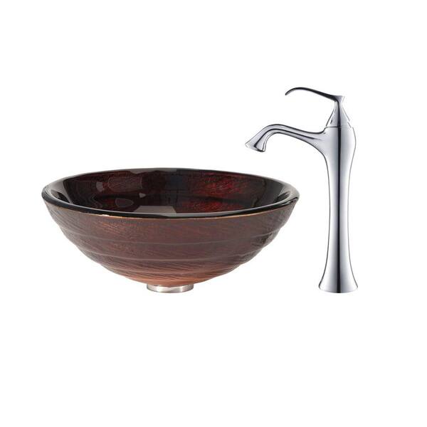 KRAUS Iris Glass Vessel Sink in Brown with Ventus Faucet in Chrome