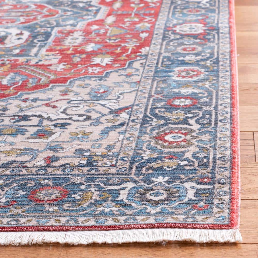Vintage Red and Blue Floral Synthetic Runner Rug
