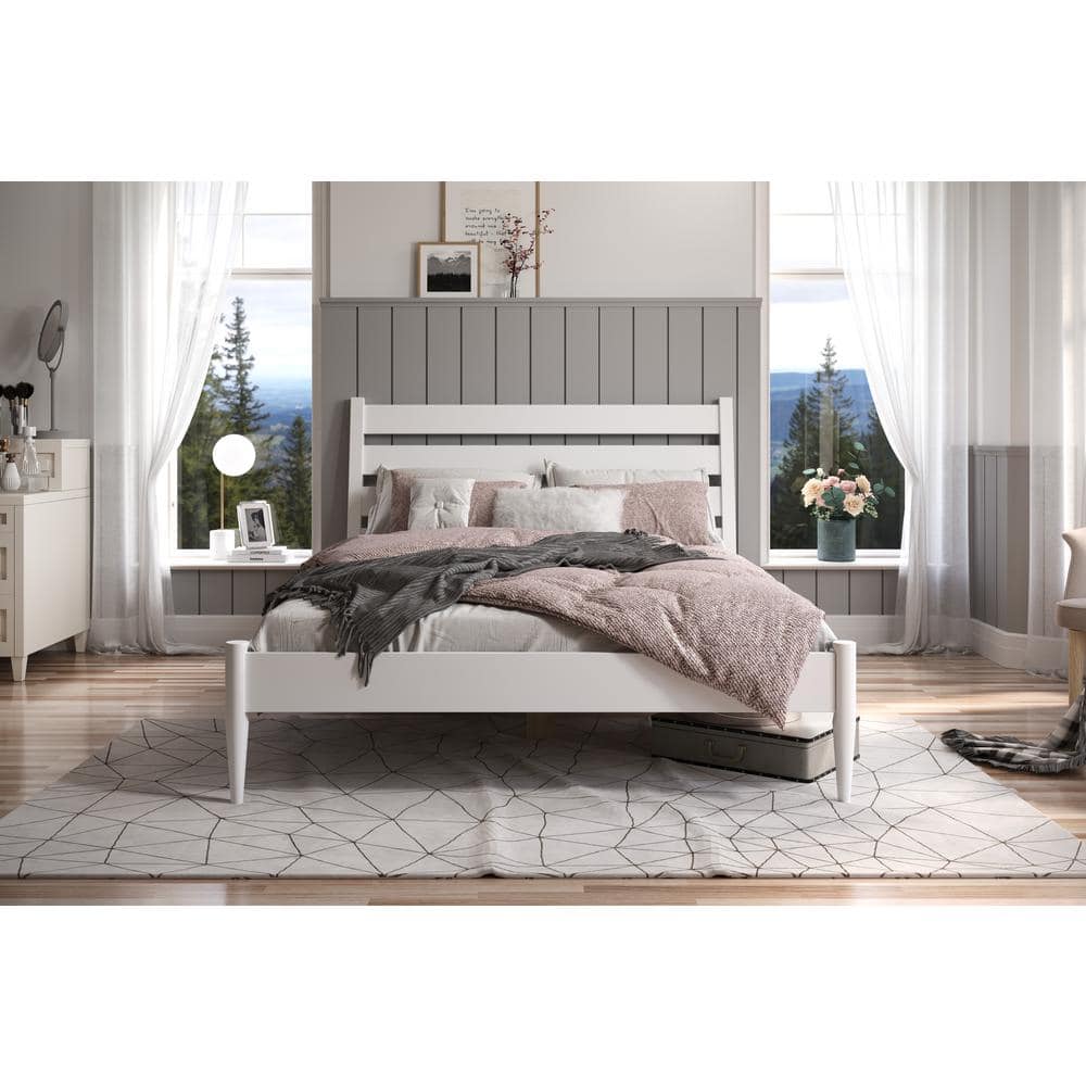 White Pine Wood Queen Platform Bed with Upholstered Headboard