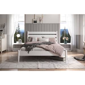 Mid-Century Modern White Solid Wood Frame Queen Size Platform Bed