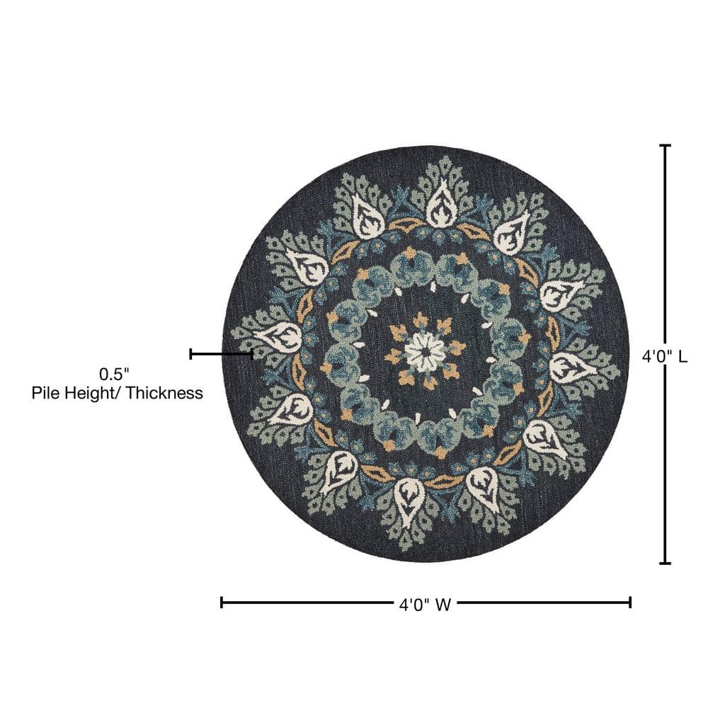 Handmade Gray Floral Wool Round Area Rug, 4 Feet