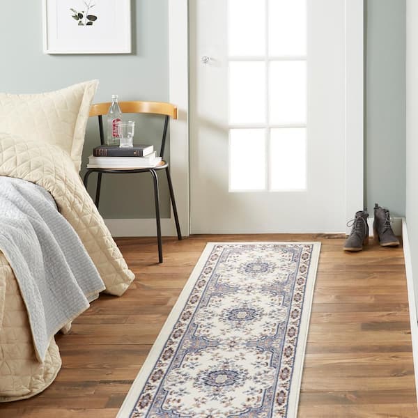 Premium Sakarya Ivory/Blue 2 ft. x 7 ft. Medallion Runner Rug