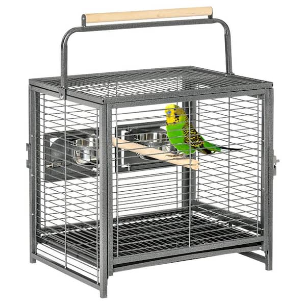 19 in. Travel Bird Cage Parrot Carrier with Handle Wooden Perch for Cockatiels, Conures, Black