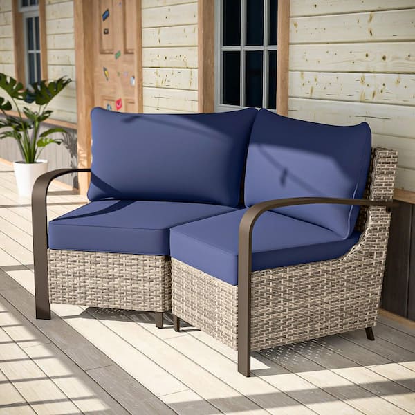 2-Seat Ergonomic Armrest Brown Wicker Patio Outdoor Sectional Sofa Set with Blue Cushions
