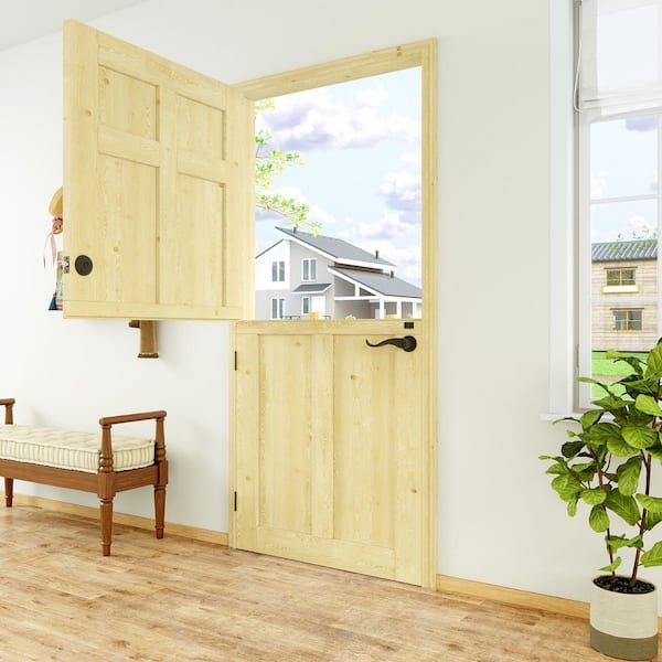 36 in. x 80 in. Solid Universal 6-Panel Unfinished Dutch Wood Prehung Front Door Plus Quick Assemble Jamb Plus Lock