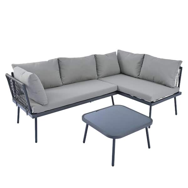 URTR 3-Piece PE Rattan Wicker Patio Conversation Sectional Seating Set L-shaped Outdoor Sofa Set with Table, Gray Cushion
