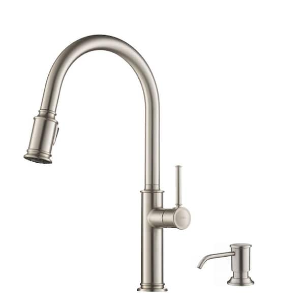 KRAUS Sellette Single-Handle Pull-Down Sprayer Kitchen Faucet with Deck Plate and Soap Dispenser in Spot Free Stainless Steel