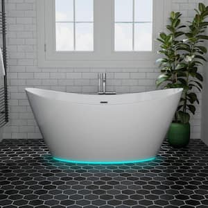 59 in Acrylic Flatbottom Freestanding Bathtub with 7-Color Changing LED Lights in White