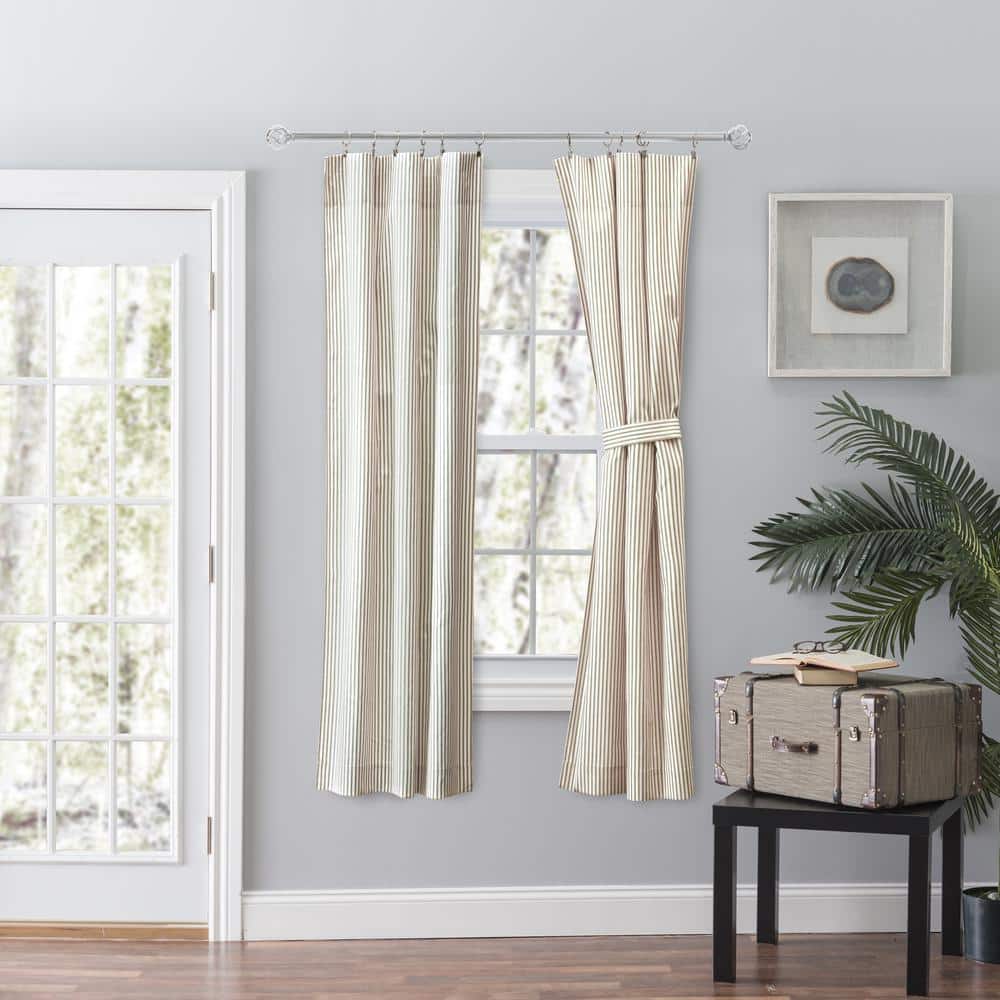 Tan Cotton Polyester Striped Rod Pocket Curtains with Tiebacks