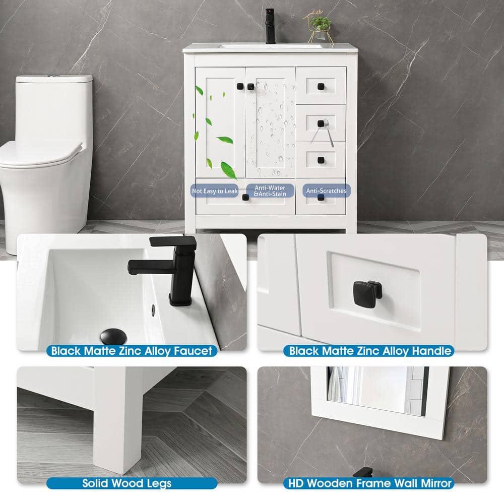 White 30" Freestanding Bathroom Vanity with Ceramic Sink and Mirror