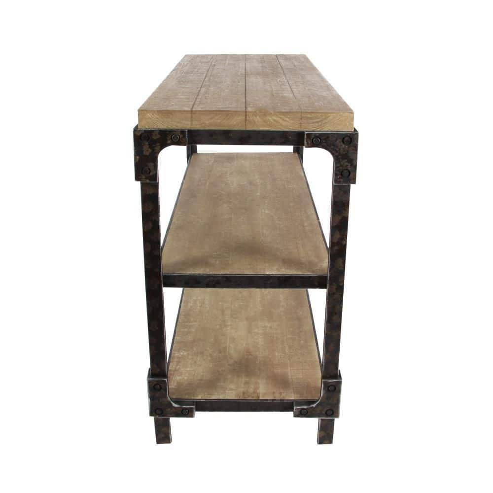 Brown Industrial Wood and Metal 3-Tier Console Table with Storage