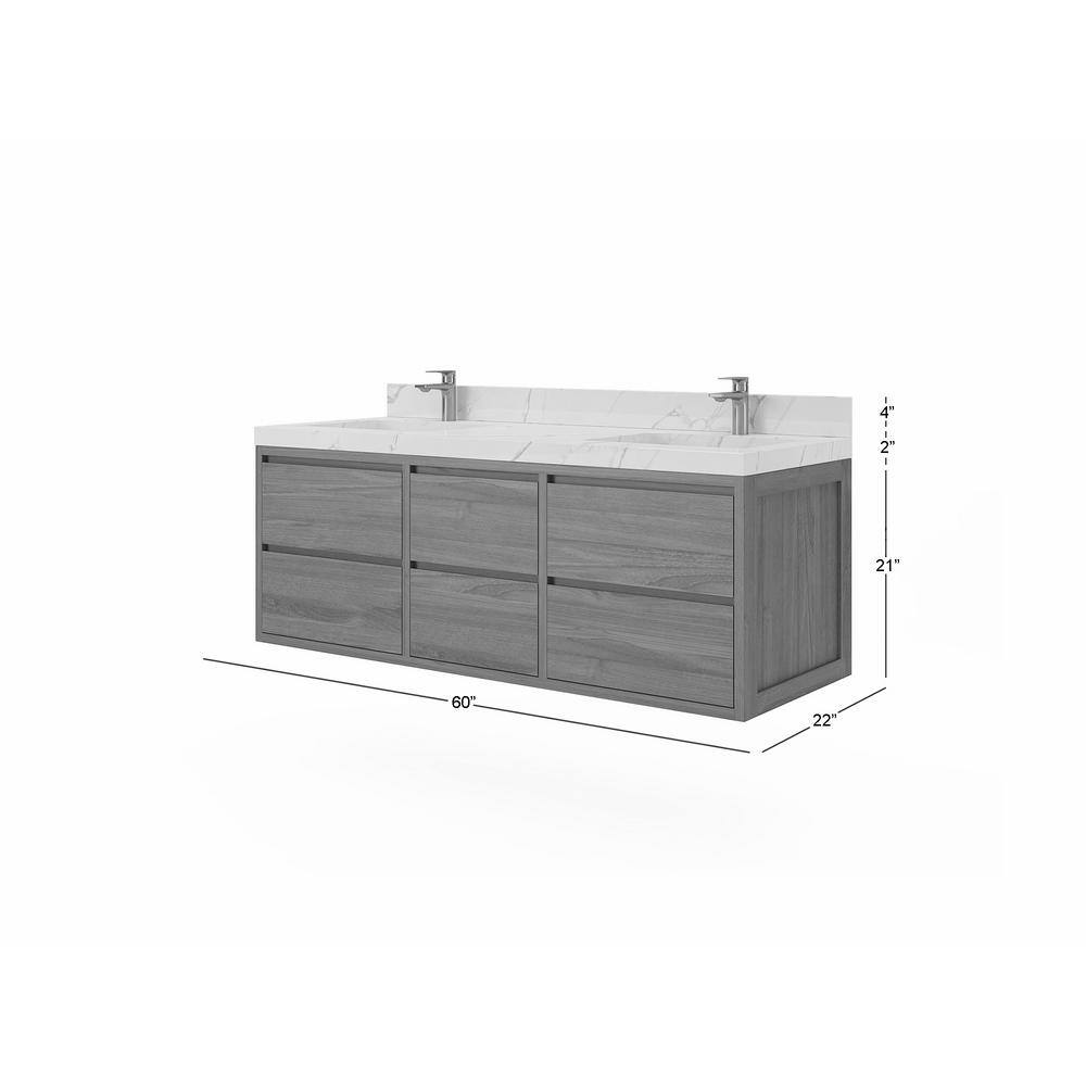 Madison 60'' Dark Natural Teak Double Wall-Mount Vanity with Carrara Marble Top