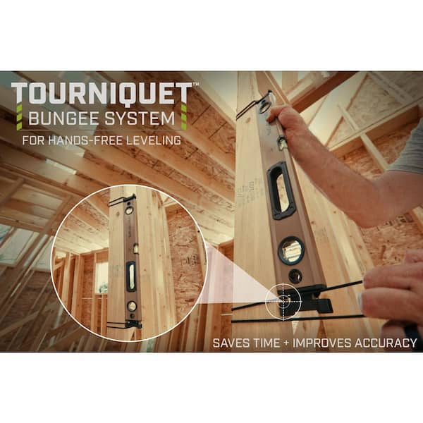 24 in. Box Beam Level, Tourniquet Bungee System, 33% Larger Block Vials, Aluminum, 3% Donated to Veteran
