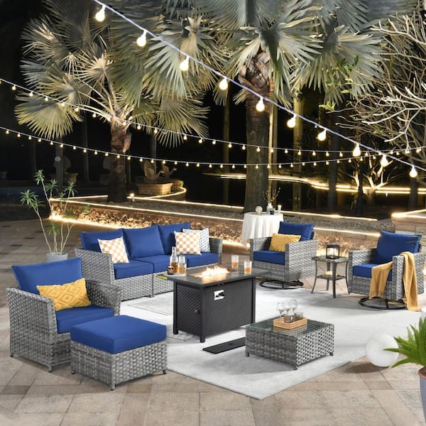 Toject Eufaula Gray 10-Piece Wicker Patio Fire Pit Conversation Sofa Set with Swivel Rocking Chairs and Navy Blue Cushions