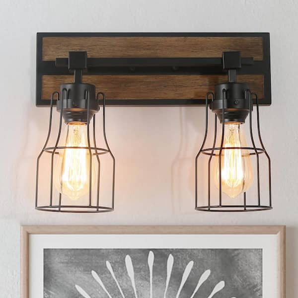 LNC Farmhouse 15 in. 2-Light Black Vanity Light with Metal Cage Bell Shades and Faux Wood Accent