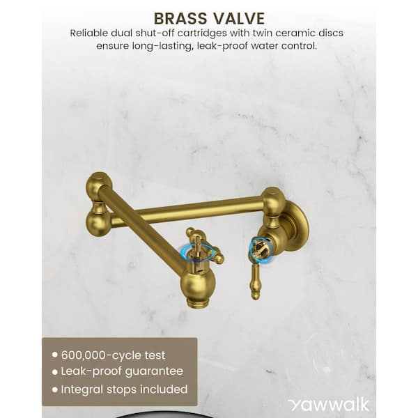 Wall‑Mounted Pot Filler Faucet with Dual Handles, 360° Swivel Foldable Spout, 1.8 GPM in Brushed Gold