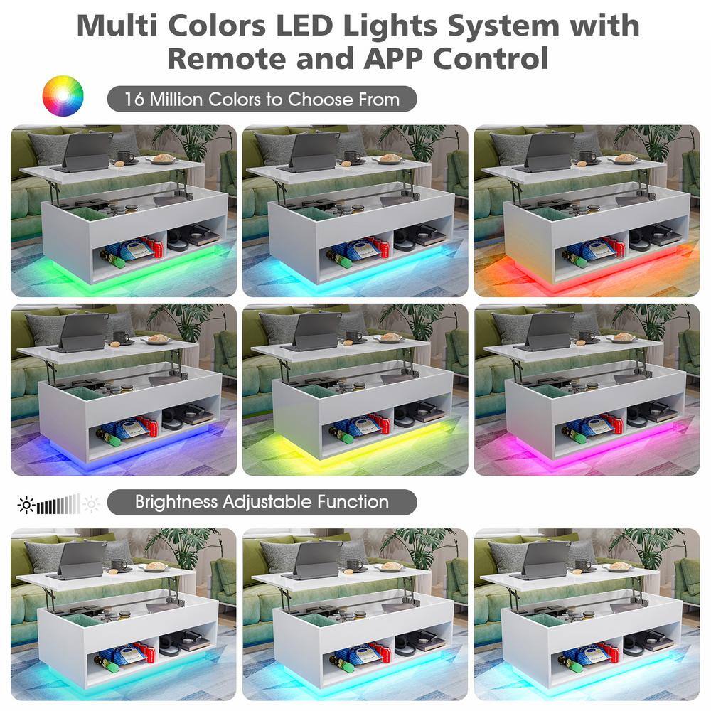 40" White Particle Board Lift-Top Coffee Table with LED Lights