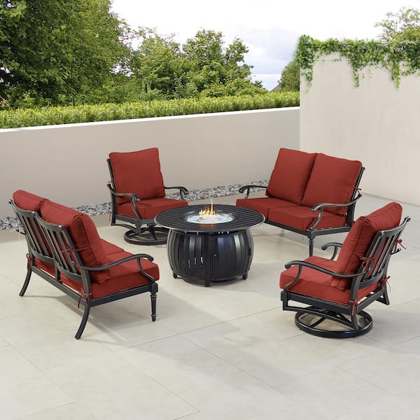 Oakland Living Black 5-Piece Aluminum Patio Fire Pit Set with Red Cushions