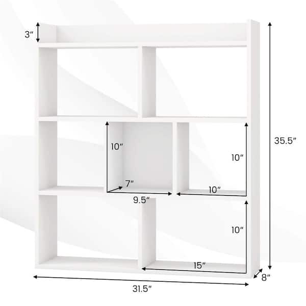 35.5 in. Tall White Engineered Wood 6-Shelf Open Bookcase with Cubbies