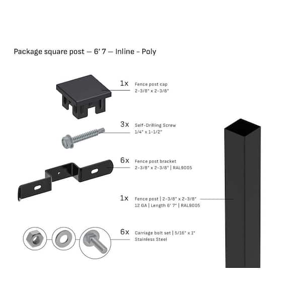 Square 2-3/8 in. x 2-3/8 in. x 6'7 ft. Poly Cap Inline Fence Black Steel Post (1-Pack)