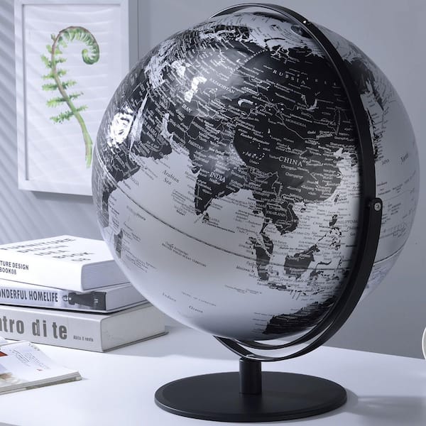 GOGEXX 20.5 in. x 18 in. Black and Silver Globe with 3D Landmasses