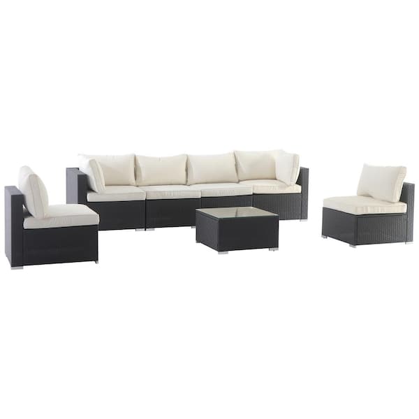 CASAINC Dark Brown 7-Piece PE Wicker Outdoor Patio Conversation Sofa with Beige Foam Cushions