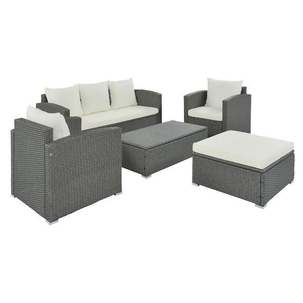 Utopia 4niture Ziam Gray Wicker Outdoor Sectional Set with Ottoman, Storages and Beige Cushions